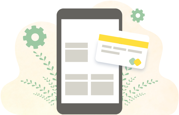 ECサイトの構築や商品ページ制作を表したスマホ画面と購入カードのイラスト。