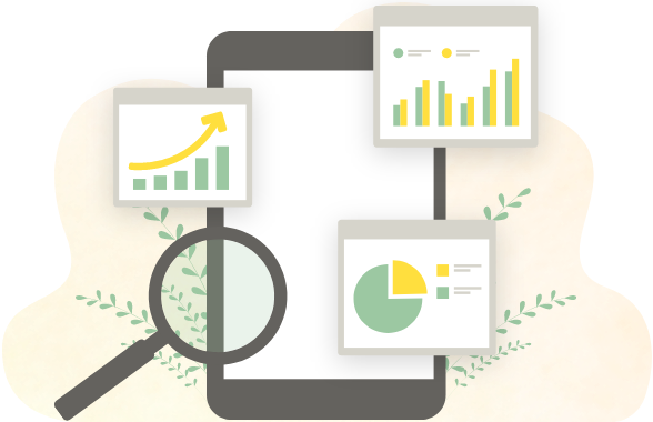 データ分析にもとづき集客改善を行う様子を表したグラフのイラスト。