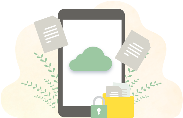 サーバー・ドメイン契約をサポートする様子を表したクラウドと鍵付きフォルダのイラスト。